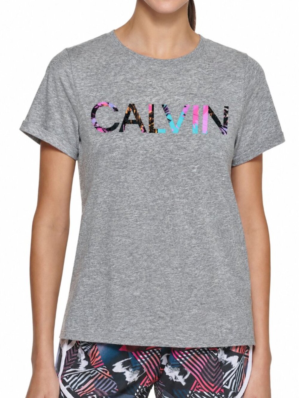 2/$30 Calvin Klein Logo Graphic Tee Heather Pearl Gray Drybrush Large #A4450